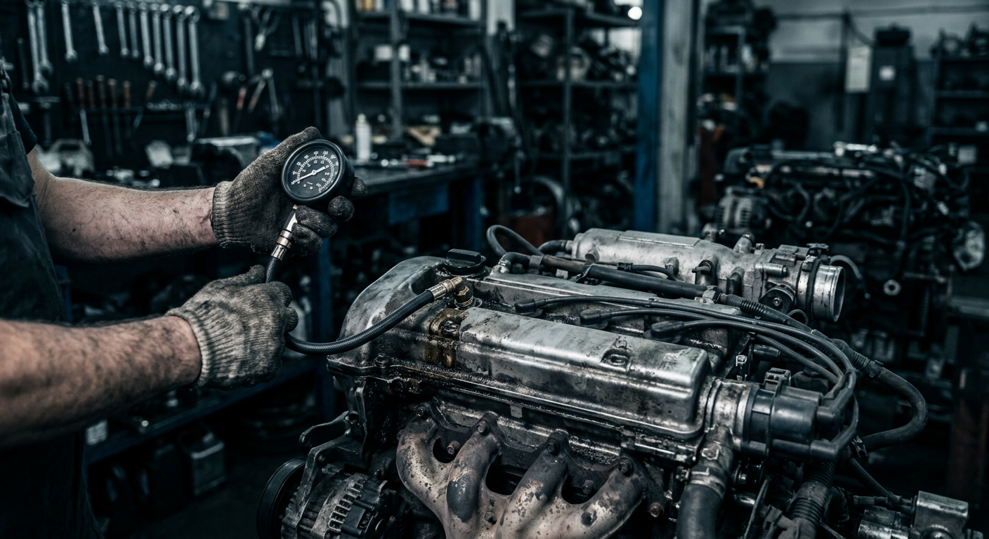 Técnico realizando una prueba de compresión a un motor usado